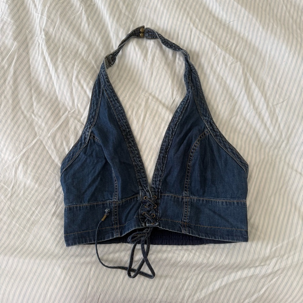 Pilcro Dark Blue Denim Halter Lace-Up Crop Top